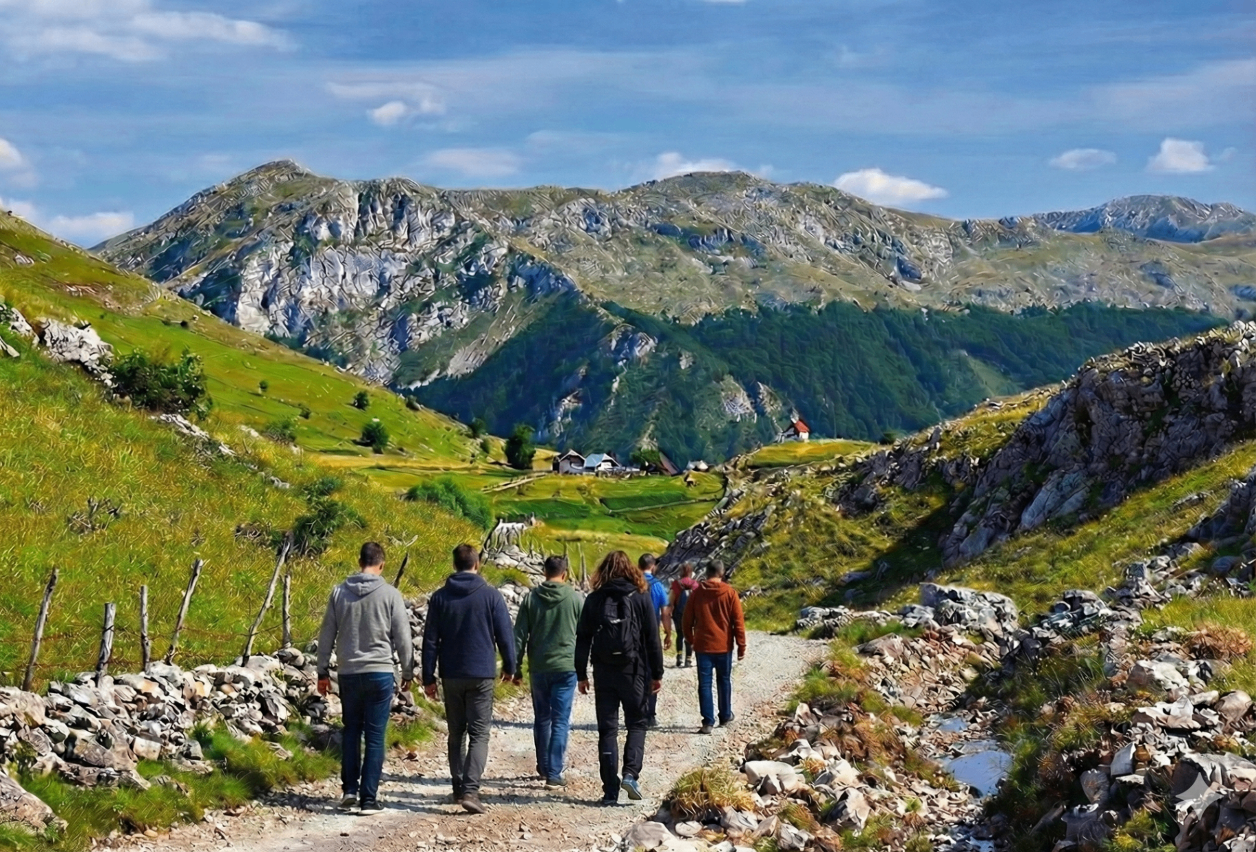 Team walking together towards mountain landscape